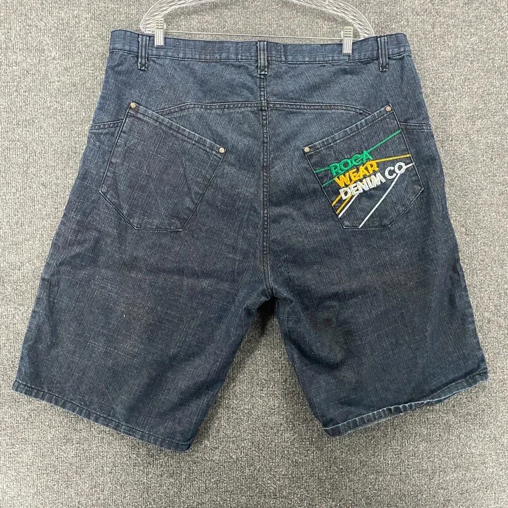 Vintage 90s Roca wear Denim Shorts Mens 44 Blue Wide Leg Embroidered Loose Baggy